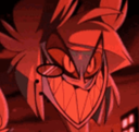 Alastor from Hazbin Hotel wearing a monocle with a wide, sharp-toothed, menacing grin in a deep red color filter.