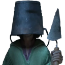 Bruno Madrigal wearing a metal bucket over his head and holding a trowel.