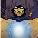 A hooded cosmic entity with glowing eyes and a radiant energy core stares intensely.
