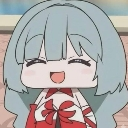 Chibi anime girl with blue hair and a red ribbon smiling widely with closed eyes.