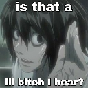 L Lawliet from Death Note leaning forward with a suspicious expression and the text is that a lil bitch i hear.