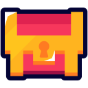 Treasure chest in a retro pixel art style with a gold and red color palette.