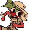 A red, plant-like creature wearing a safari hat looking mischievously to the side.