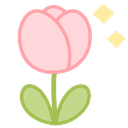 A cute pink tulip with green leaves and small yellow sparkles floating nearby.