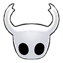 Hollow Knight mask with two large black eye sockets and curved horns.