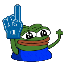 Pepe the Frog holding up a blue foam finger with the number one symbol on it.