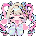Anime girl with pastel hair and ribbons smiling happily with pink hearts floating on both sides.