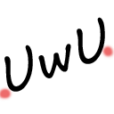 The text uwu written in a cursive font with small pink blush marks on either side.