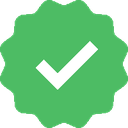 Check mark inside a green scalloped badge shape.