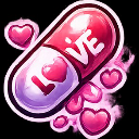 A pink and purple medical capsule labeled LOVE surrounded by floating pink hearts.