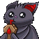 A cute black bat with red ears drinks from a coffin-shaped juice box with a red straw.