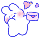 A cute white bunny with pink cheeks holding a pink envelope with a heart on it while floating hearts surround it.