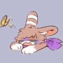 A fluffy brown creature with long ears and a purple scarf lying down with a sad, dejected expression.