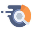 Gear icon with a motion blur effect in blue and orange colors.