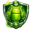 Android mascot centered inside a green shield emblem with a laurel wreath and a small star.