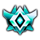 Crystalline emblem glowing with a bright cyan light against a black background.