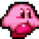 Kirby walking with a determined expression in a retro pixel art style.