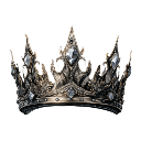 A detailed silver crown with sharp points and embedded gems on a black background.