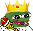 Pepe the Frog wearing a gold crown and holding a royal scepter with a happy expression.