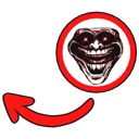 Trollface with glowing red eyes inside a red circle with a red arrow pointing toward it.