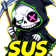 A cartoon grim reaper holding a scythe with the word SUS written below it.