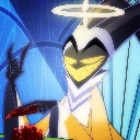 Adam from Hazbin Hotel wearing a halo and smiling smugly while eating.