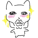 A hand-drawn creature with exaggerated pouty lips and blushing cheeks surrounded by yellow sparkles.