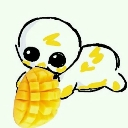 A small white creature with large black eyes happily eating a yellow mango slice.