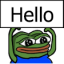 Pepe the Frog with a smug expression holding a white sign that says Hello.