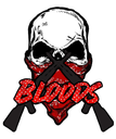 A white skull wearing a red bandana with crossed firearms behind it and the word Bloods in red text.