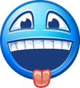 Blue smiley face with a wide toothy grin and tongue sticking out.