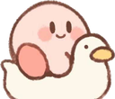 Kirby sits happily on top of a small white duck.