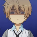 Anime boy with messy blonde hair looking down with a deadpan, annoyed expression.
