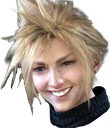 Cloud Strife wearing a black turtleneck with a wide, mischievous, and slightly uncanny grin.