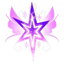 A glowing purple star with white wings and sparkles surrounding it.