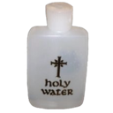 A small plastic bottle labeled holy water with a cross symbol on the front.