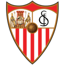 Sevilla FC football club crest featuring a shield with red and white stripes and a golden ball.
