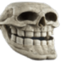Human skull with a wide, toothy, smug Trollface grin.