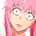 Yuno Gasai with wide, panicked eyes and a shocked expression.