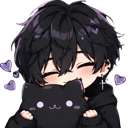 Anime boy with messy black hair smiling while hugging a black cat plushie with purple hearts floating around.