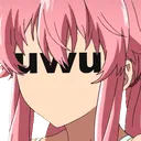 Yuno Gasai with pink hair and the text uwu covering her face.