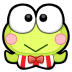Keroppi the frog smiling with large eyes and a red and white striped bowtie.