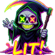 A cartoon grim reaper with neon glowing eyes and a scythe, waving with the text LIT! below.