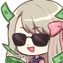 Anime girl wearing sunglasses smiling while surrounded by falling green cash.