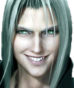 Sephiroth with long silver hair wearing a wide, menacing, and smug grin.
