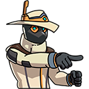 Cypher from Valorant wearing his signature hat and mask while pointing his finger forward.