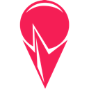 A red, sharp-edged flame icon inside a circular pin marker shape against a black background.