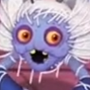 A purple monster with large orange eyes and white hair looking intensely shocked.