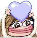 Pepe character with sparkling eyes holding a large purple heart above its head.
