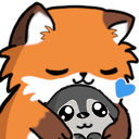 A large orange fox hugging a small gray wolf pup with a blue heart icon.
